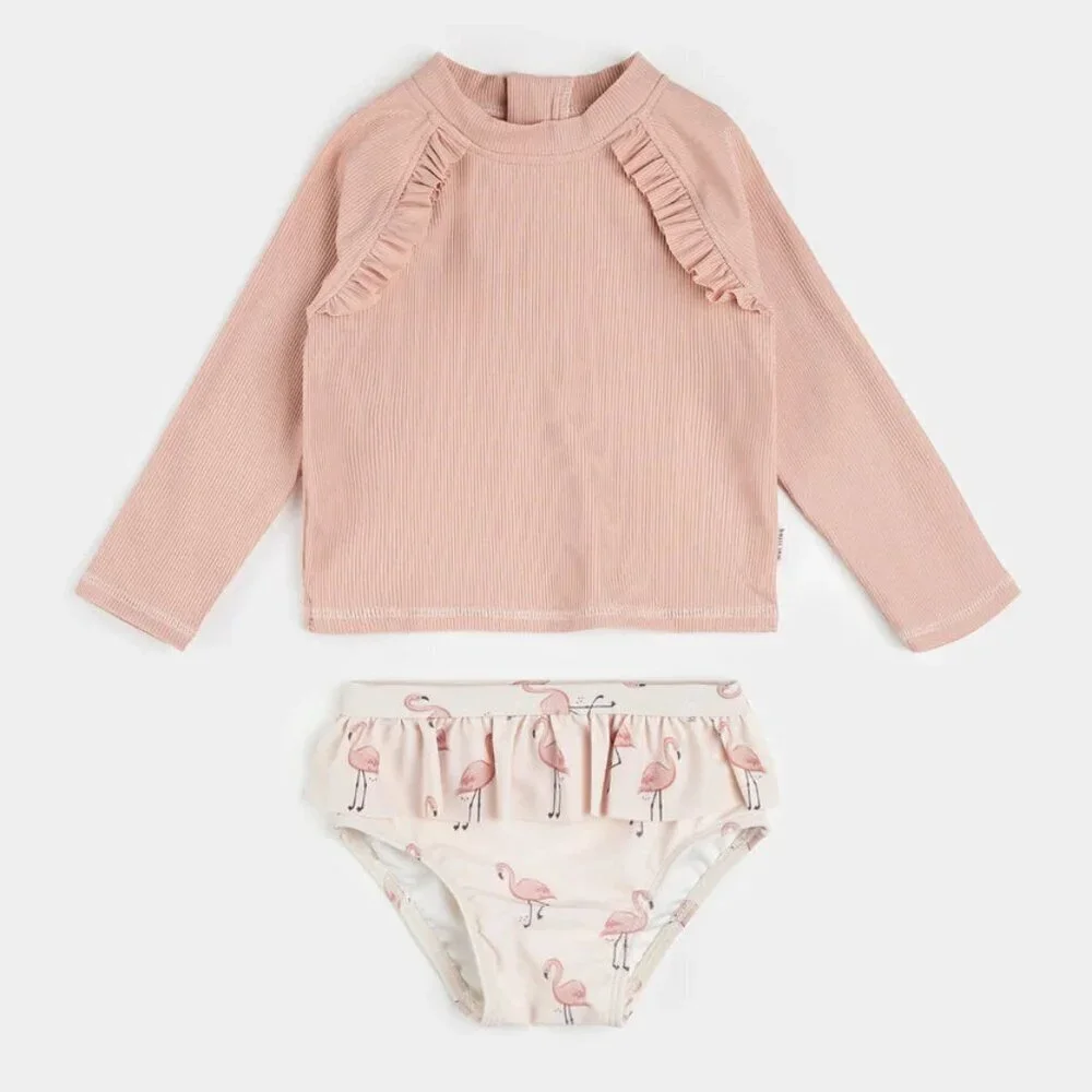 PETIT LEM Ribbed Long-Sleeve Rose Quartz & Flamingos Rashguard Set Size 2